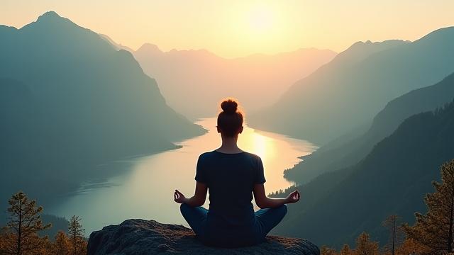 고요한 자연 풍경 속 명상하는 사람 (Person meditating in tranquil natural landscape)