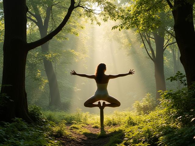 울창한 숲 속에서 요가 자세를 취하는 사람